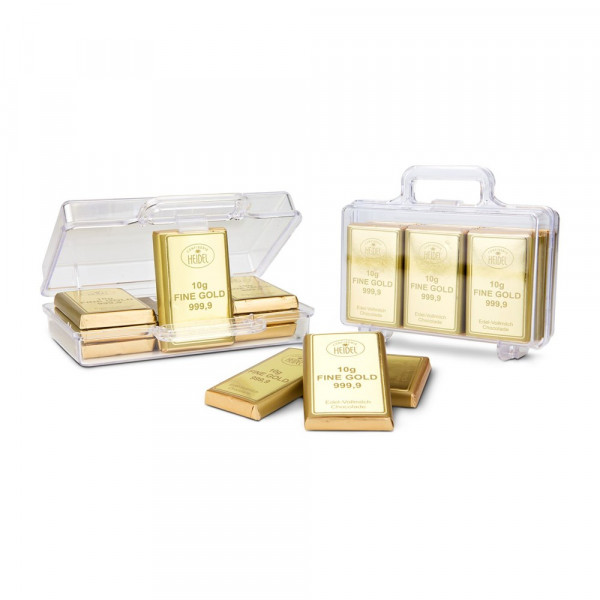 Goldkoffer mit 12 Goldbarren, Edelvollmilch-Schokolade (120 g)