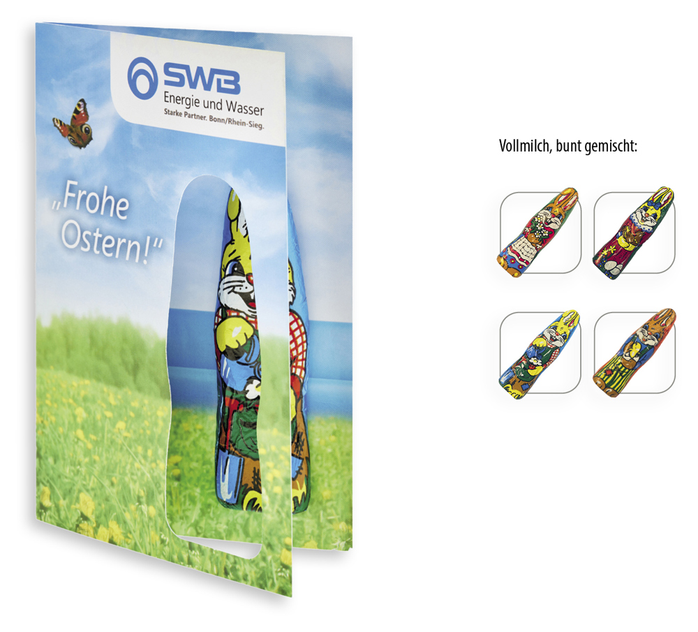 Faltkarte mit individuellem Druck - Schokofigur 1 Stück  ,  Inhalt:  Figur aus Edel-Vollmilchschokolade (Osterhase)
