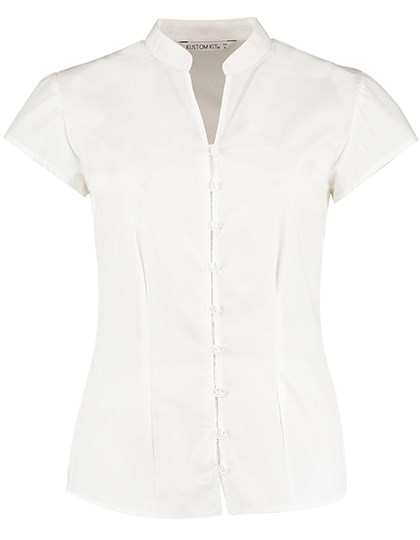 Kustom Kit - Tailored Fit Mandarin Collar Poplin Blouse Cap Sleeve - White