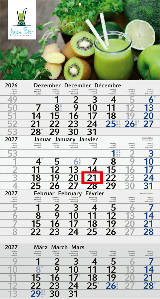 4-Monatskalender Einblatt Budget 4 Recycling-Kalendariumspapier Schrift leicht - blau
