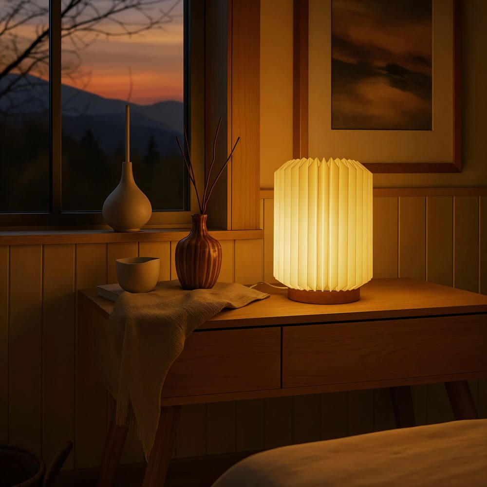 Coollux faltbare Papier LED-Lampe Aurora auf Holzsockel, 22cm